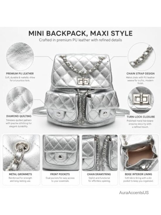 Quilted Mini Backpack Purse for Women, PU Leather Fashion Backpack with Chain main image 5